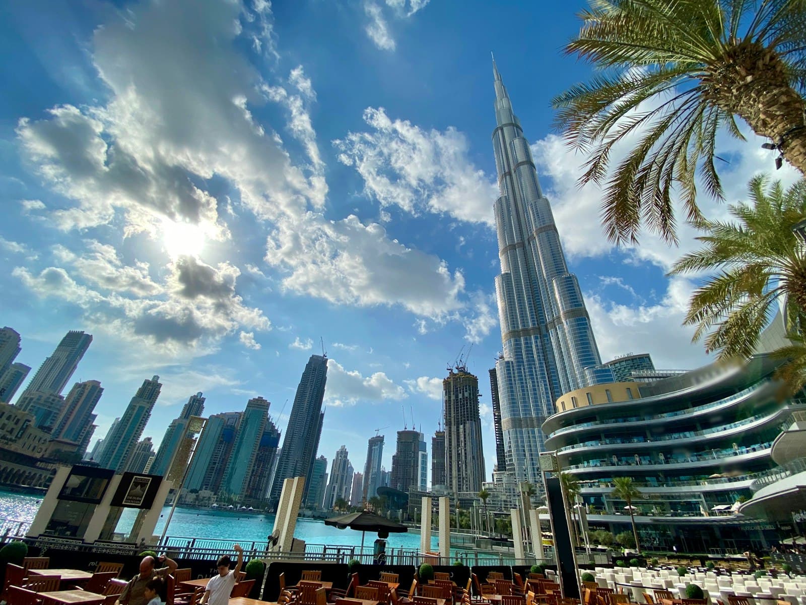 The Burj Khalifa rising above Downtown Dubai, seen from the waterfront promenade